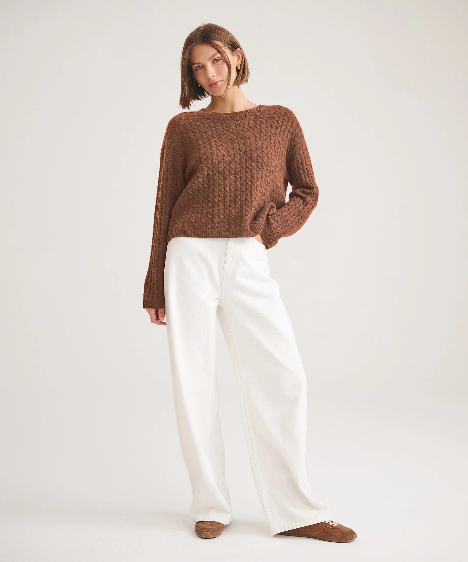 Basic Cashmere Cable Knit Crewneck Sweater - Image 12