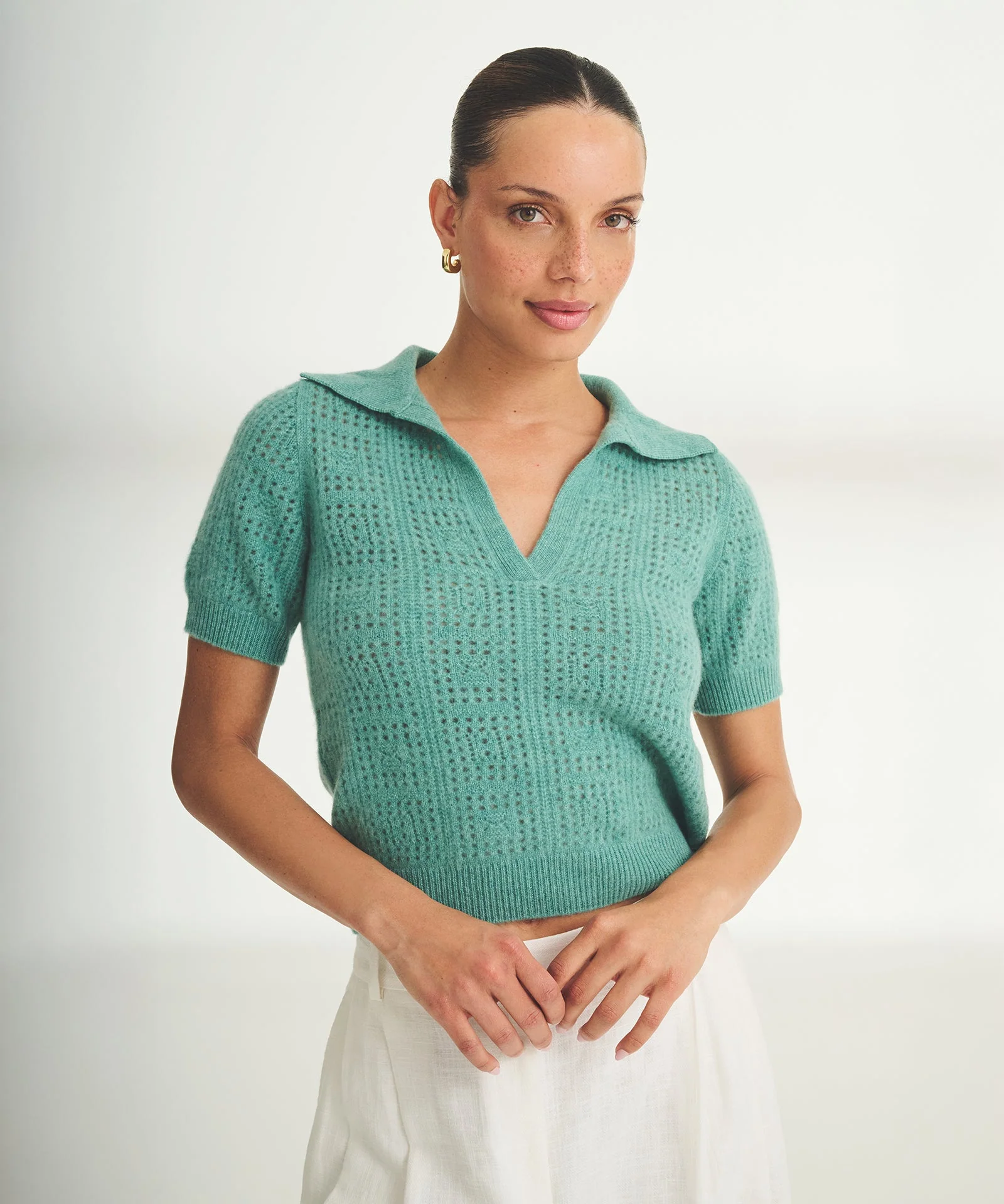 Novelty Cashmere Crochet Short Sleeve Polo - Image 2