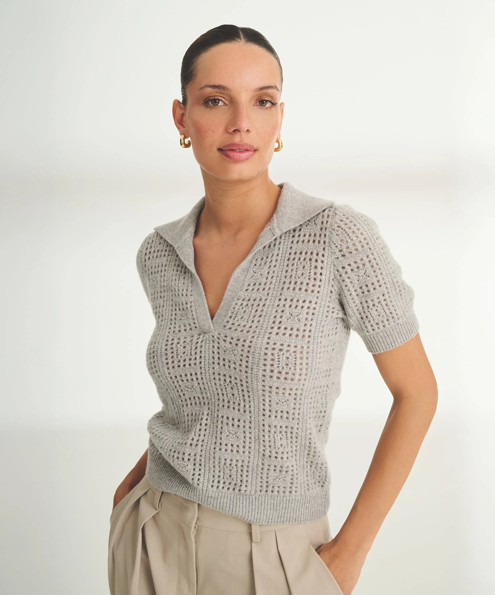 Novelty Cashmere Crochet Short Sleeve Polo - Image 8