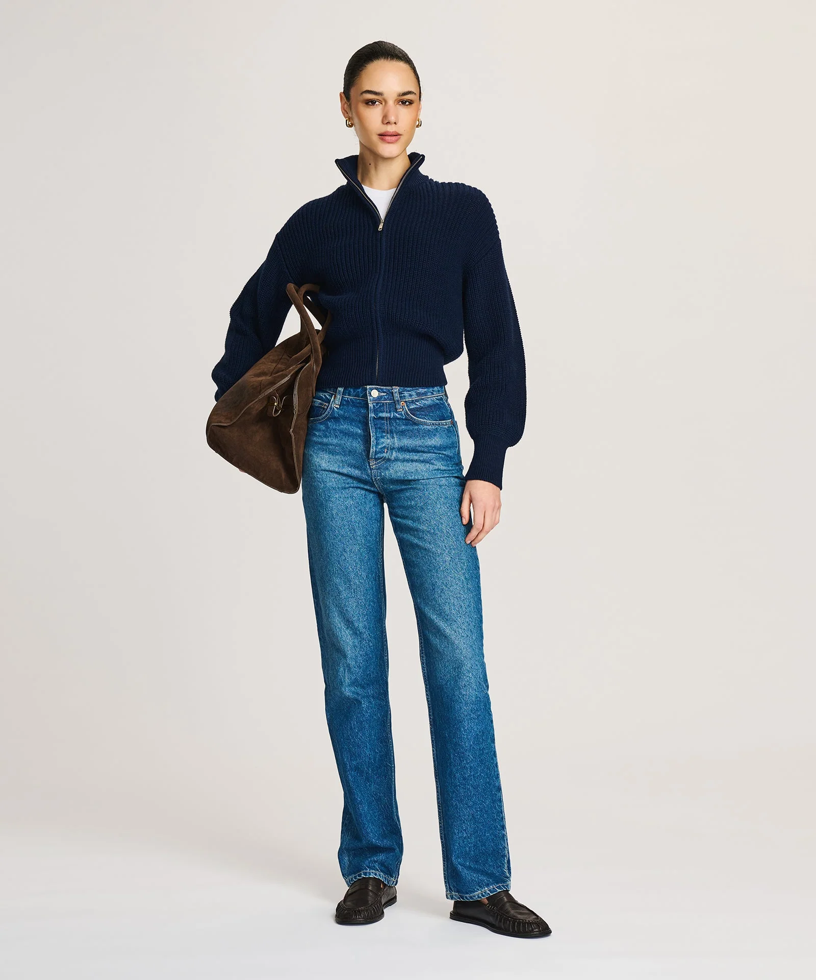 Cotton Fisherman Cinched Waist Zip Up Sweater - Image 3