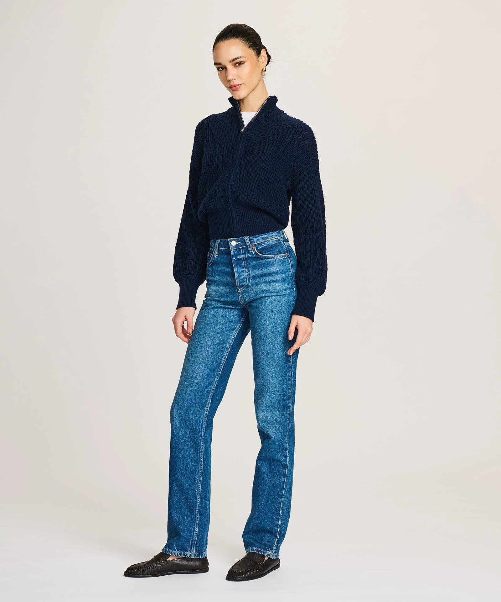 Cotton Fisherman Cinched Waist Zip Up Sweater - Image 4