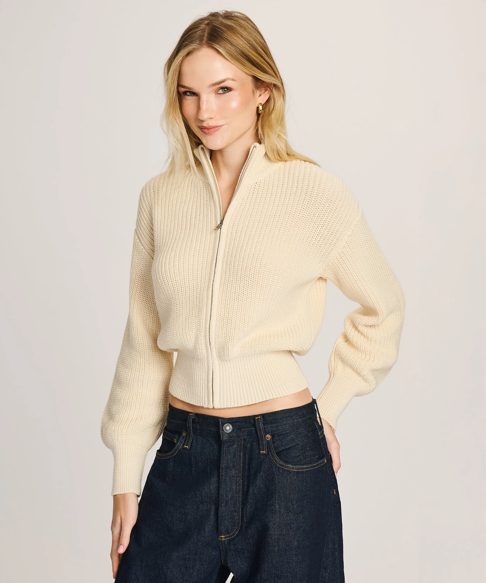 Cotton Fisherman Cinched Waist Zip Up Sweater - Image 6