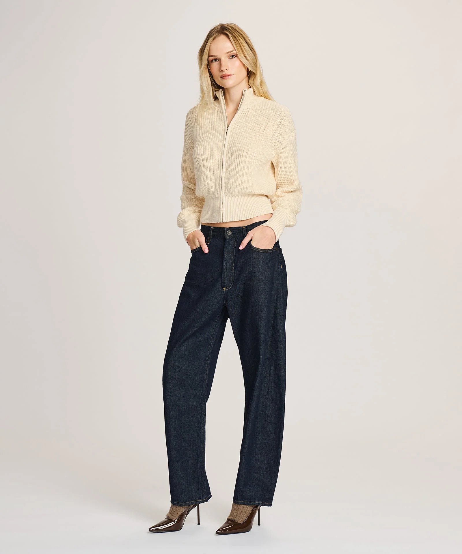 Cotton Fisherman Cinched Waist Zip Up Sweater - Image 8
