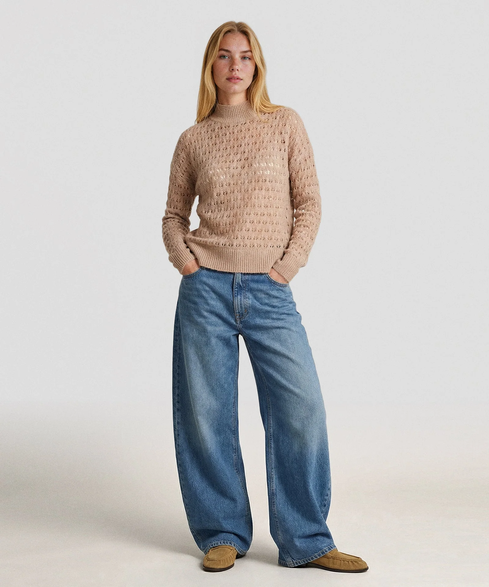 Lightweight Cashmere Pointelle Turtleneck Sweater - Image 2