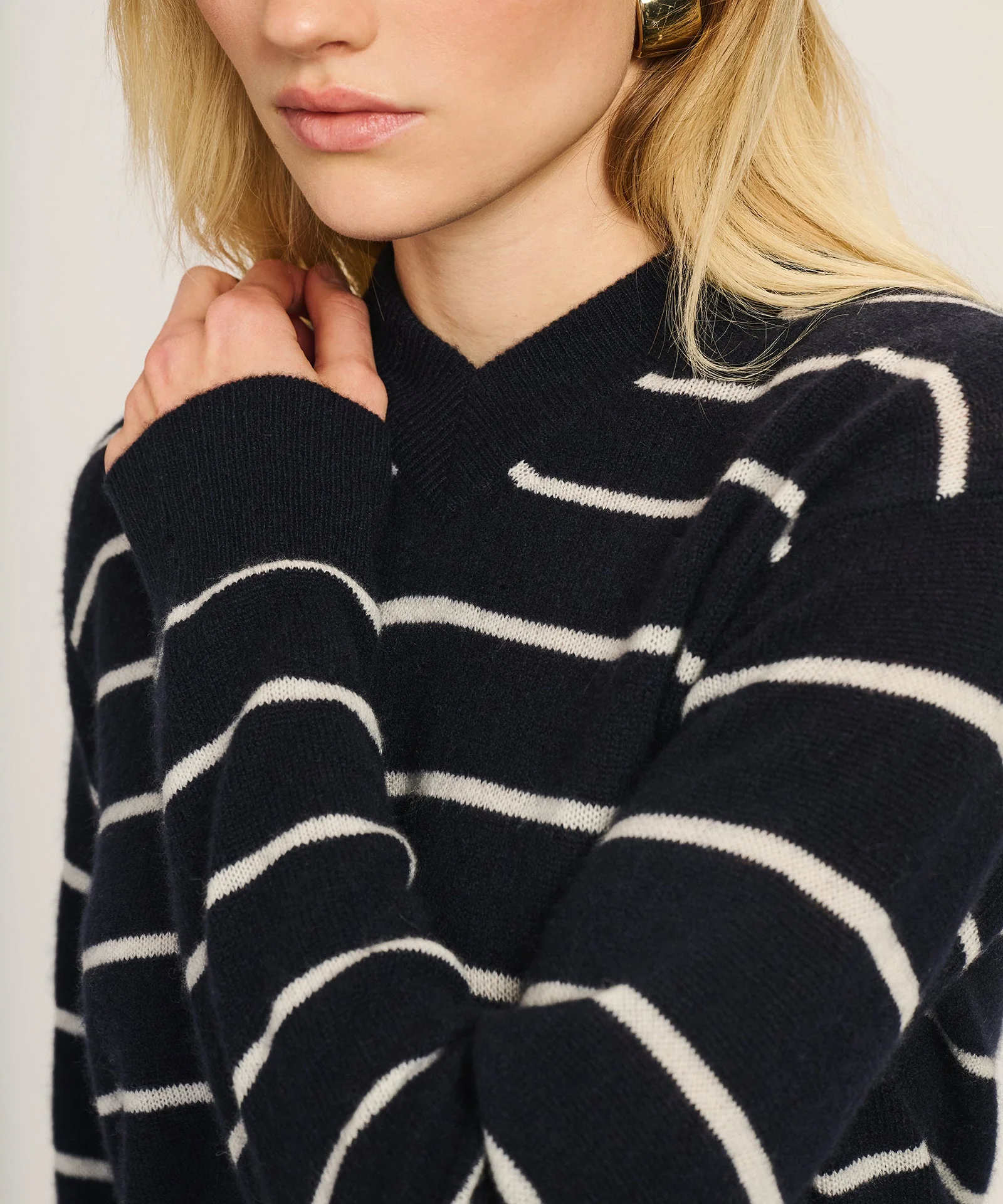 Lightweight Cashmere Striped High V-Neck Sweater - Image 3