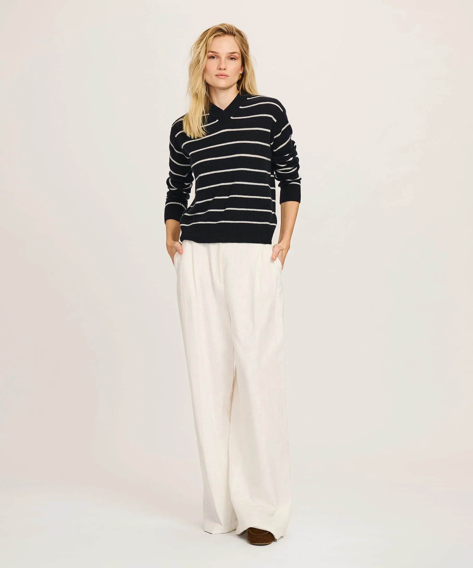 Lightweight Cashmere Striped High V-Neck Sweater - Image 4