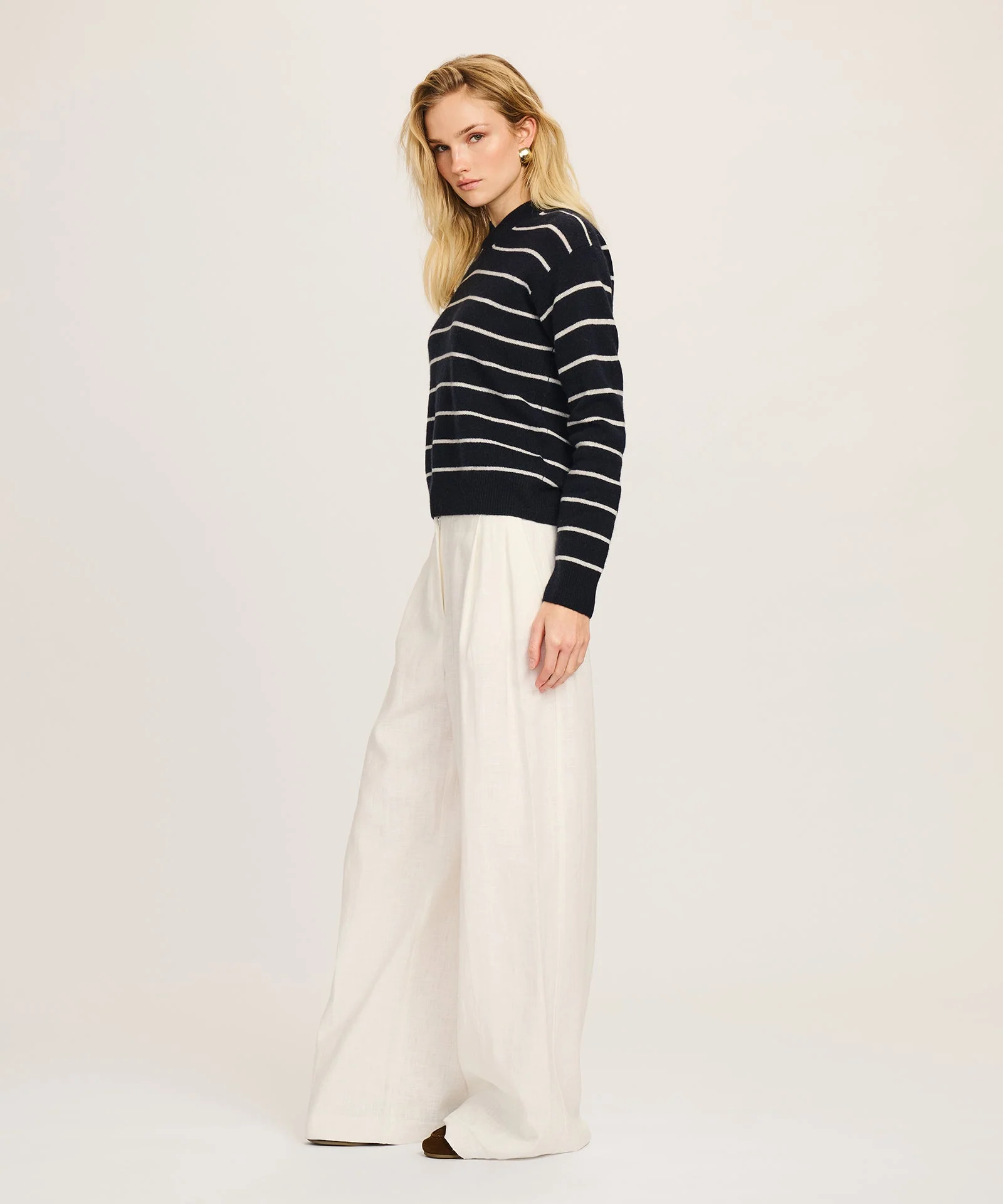 Lightweight Cashmere Striped High V-Neck Sweater - Image 5