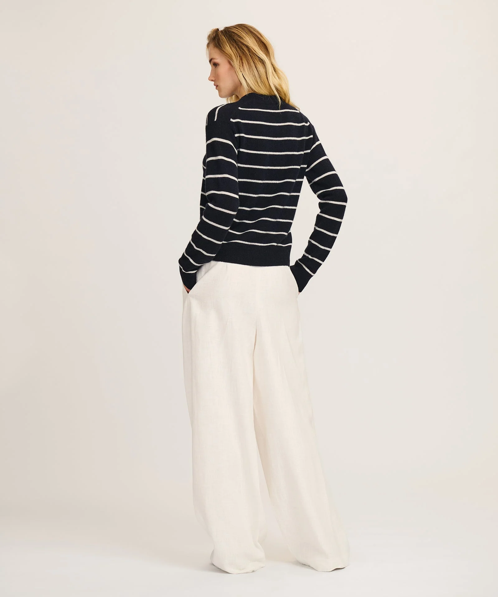 Lightweight Cashmere Striped High V-Neck Sweater - Image 6