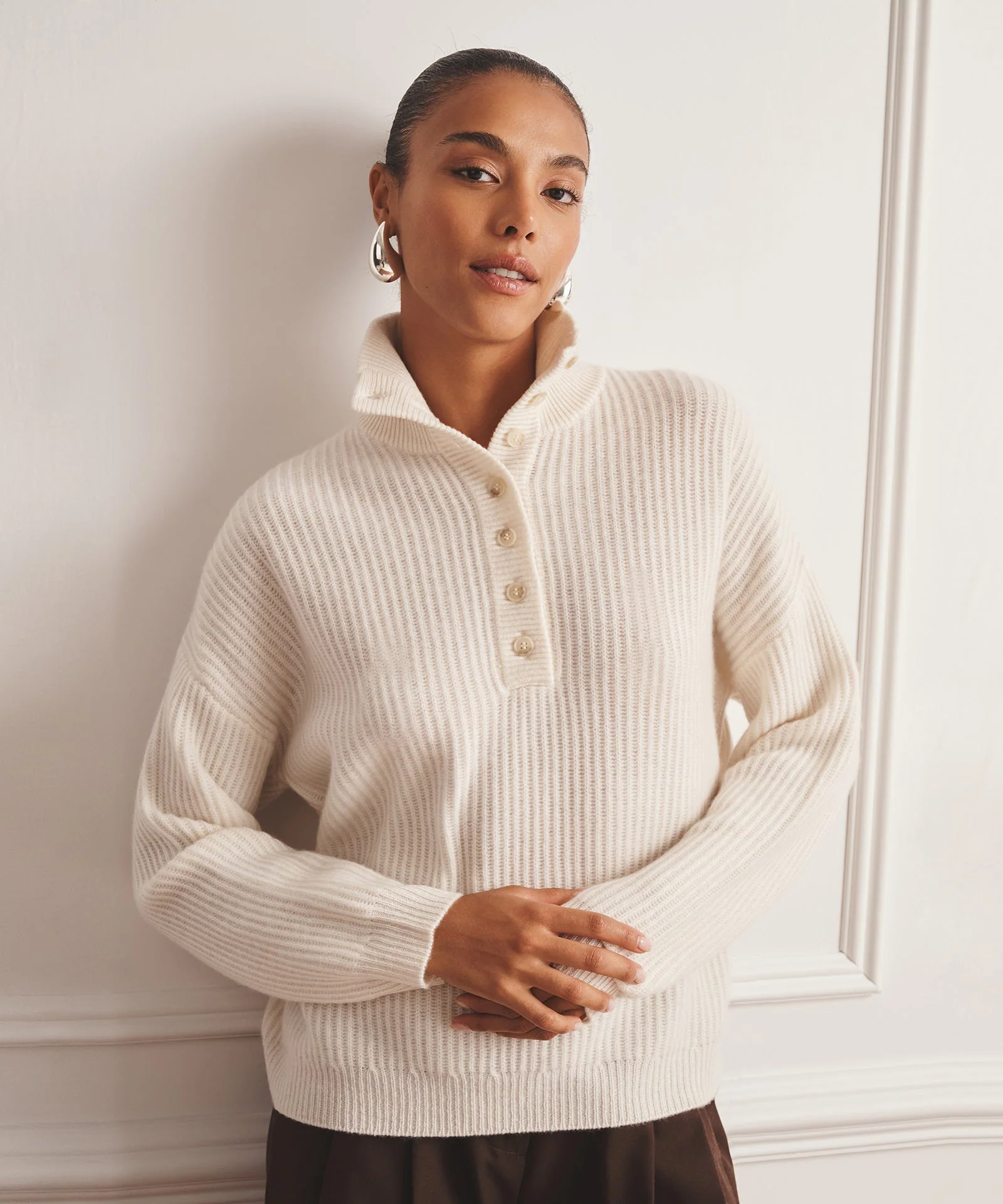 Luxe Cashmere High Neck Henley Sweater - Image 3