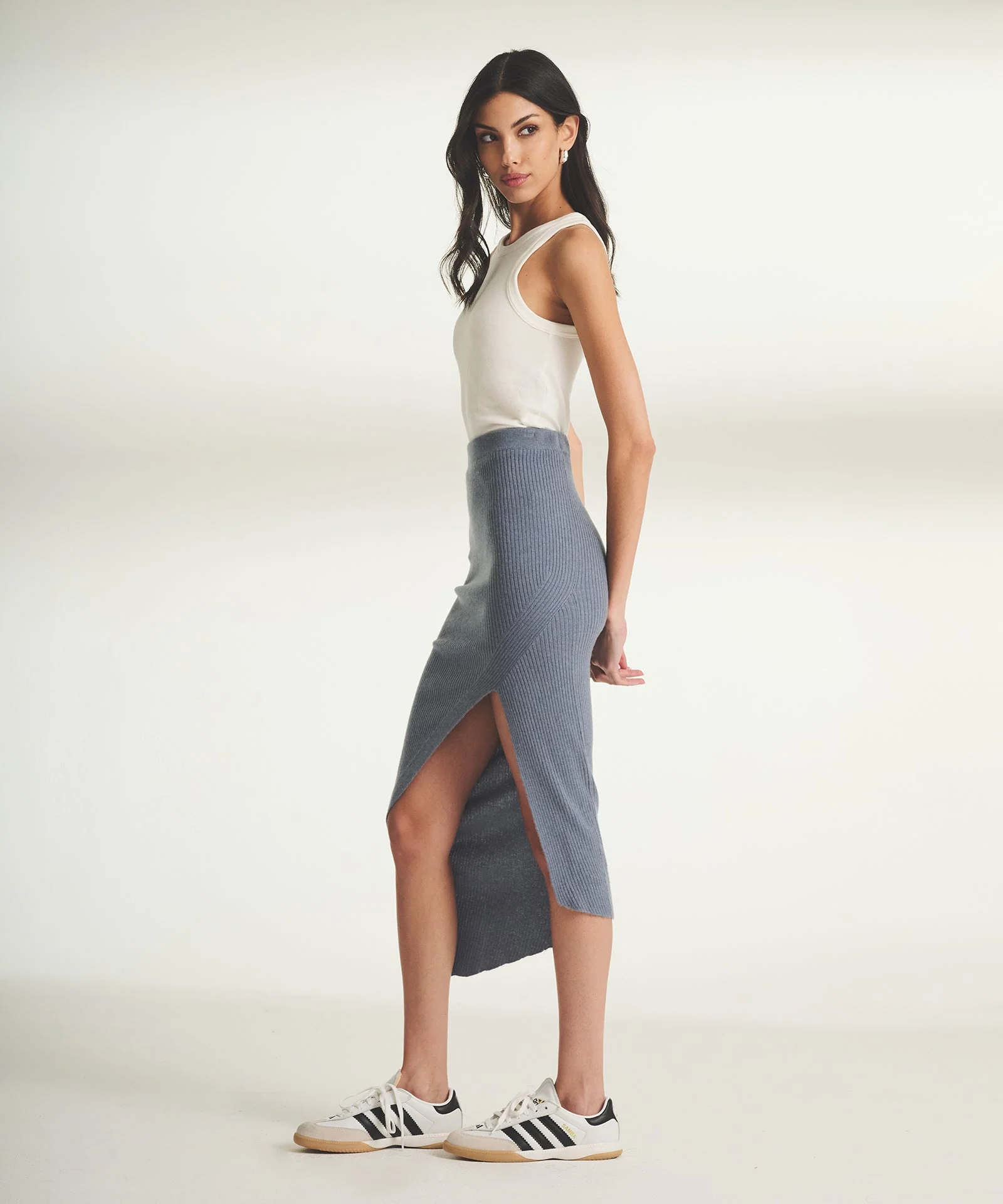 Wool Cashmere Asymmetrical Ribbed Skirt - Image 3